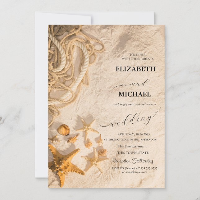 Seashells Rope Sand Script Wedding Einladung (Vorderseite)