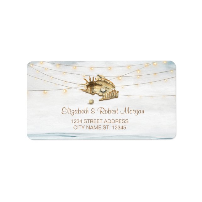 Seashells, Sea, String Lights Script Hochzeit Adressaufkleber (Vorne)