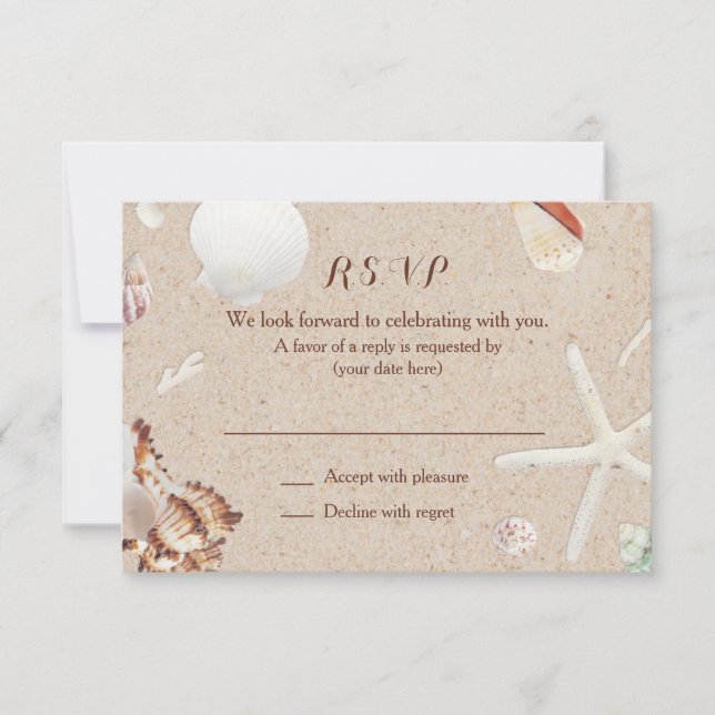Seashells & Starfish am Strand Wedding UAWG RSVP Karte (Vorderseite)