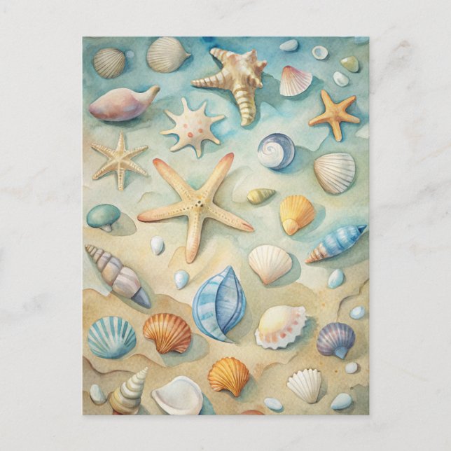 Seashells Starfish Coastal Beach Schöne Kunst Postkarte (Vorderseite)