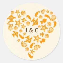 Seashells & Starfish Heart Summer Beach Hochzeit Runder Aufkleber
