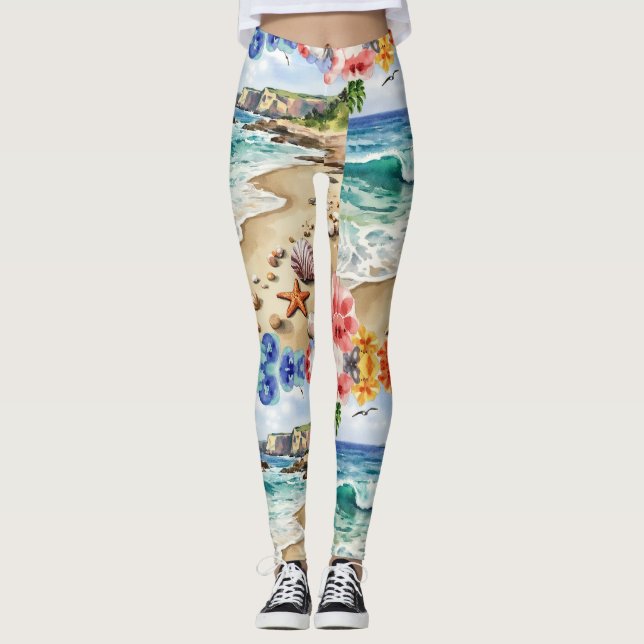 Seashells Starfish über das Sandmuster Leggings (Vorderseite)