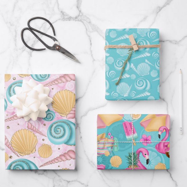 Seashells Summer Beach Wrapping Paper Sheets Geschenkpapier Set (Vorderseite)