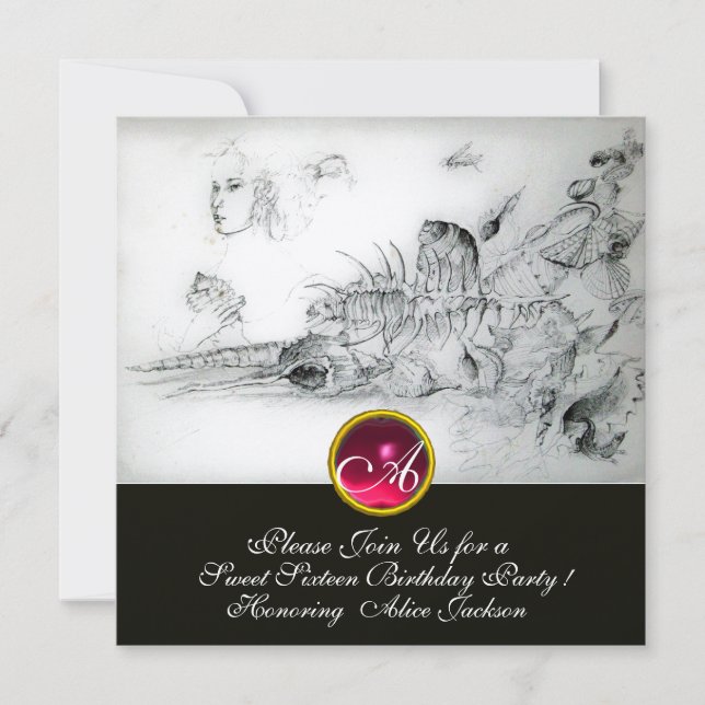 SEASHELLS SWEET 16,Ruby Monogram Black Silver Einladung (Vorderseite)