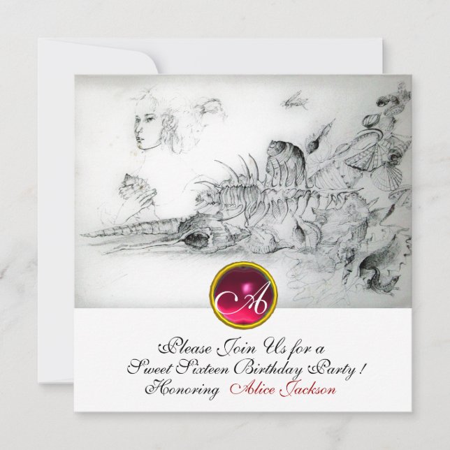 SEASHELLS SWEET 16,Ruby Monogramm Schwarz-weiß Einladung (Vorderseite)