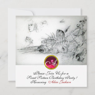 SEASHELLS SWEET 16,Ruby Monogramm Schwarz-weiß Einladung