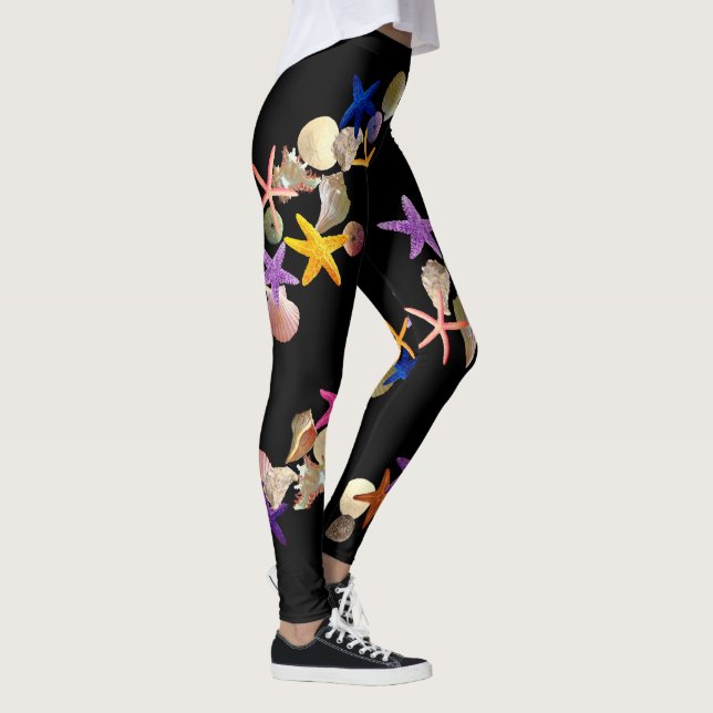 Seashells u. Starfish auf Schwarzem - Leggings (Rechts)