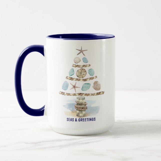 Seashells und Sea Glass Seas & Greetings Weihnacht Tasse (Links)