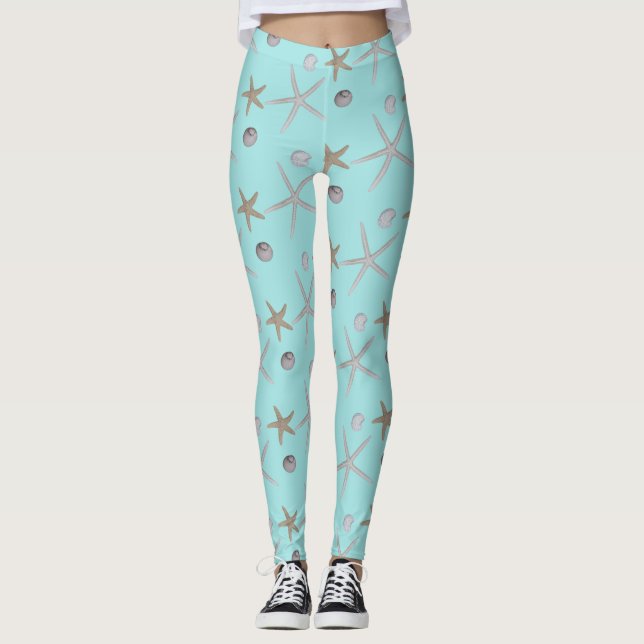Seashells und Starfish auf aquamarinen Leggings (Vorderseite)