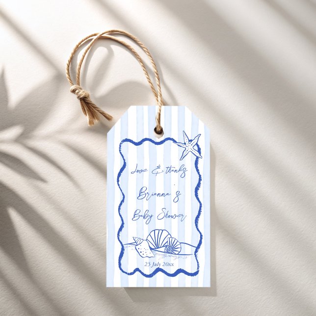 Seashells Wavy Blue Strips Baby Dusche Gefallen Geschenkanhänger (Seashells wavy border blue stripes beach nautical baby shower personalized favor gift tags)