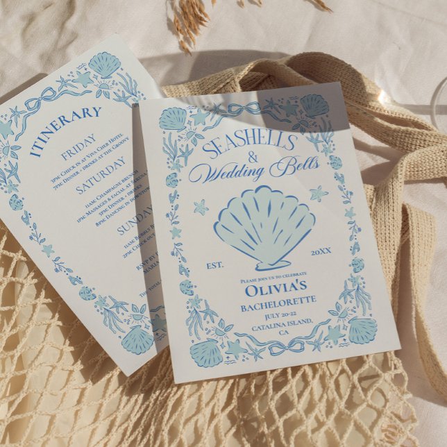 Seashells Wedding Bells Bachelorette Blue Einladung (Seashells Wedding Bells Bachelorette Blue Invitation)