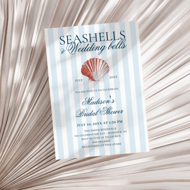 Seashells & Wedding Bells Striped Bridal Shower Einladung (Von Creator hochgeladen)