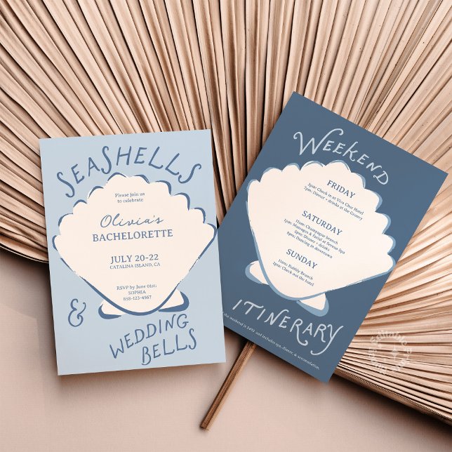 Seashells & Wedding Bels Bachelorette Itinerary Einladung (bachelorette itinerary, seashell bachelorette, beach bachelorette invitation, coastal bachelorette d)