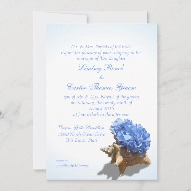 Seashore Blue Hydrangea Wedding Einladung (Vorderseite)