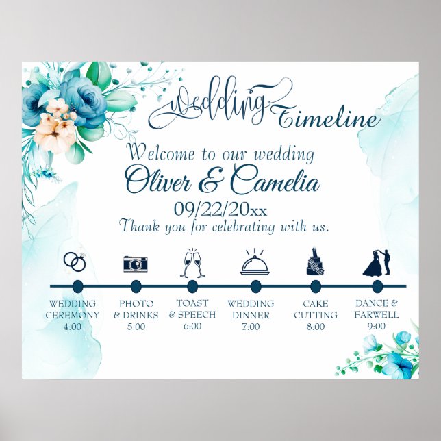 Seashore Floral Wedding Day Icons Timeline Poster (Vorne)