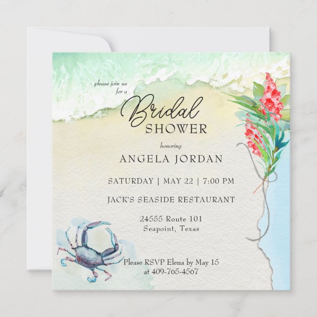 Seaside Blue Crab Tropical Bridal Shower Einladung (Vorderseite)