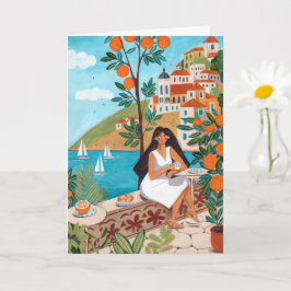 Seaside Café Woman Illustration Art Greeting Card Karte