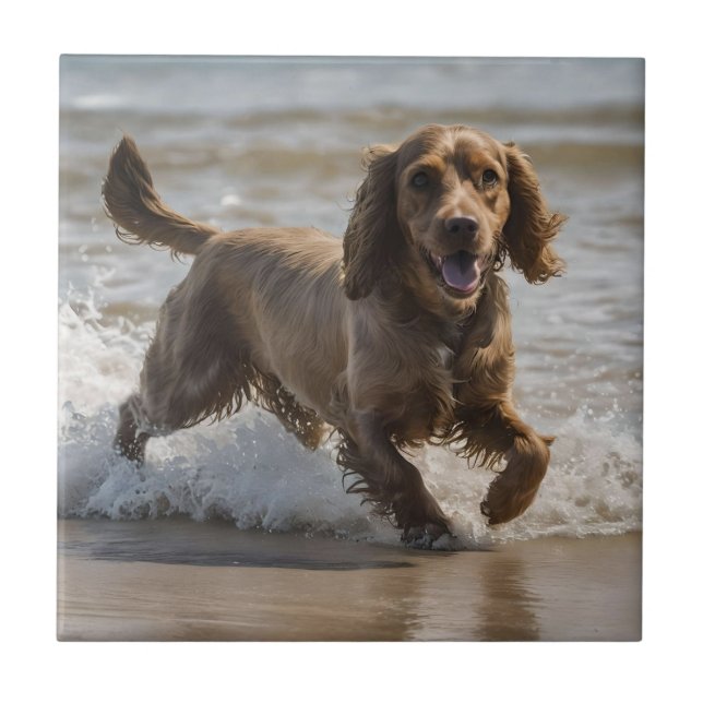"Seaside Fun: A Cocker Spaniel Play in the Ocean Fliese (Vorderseite)