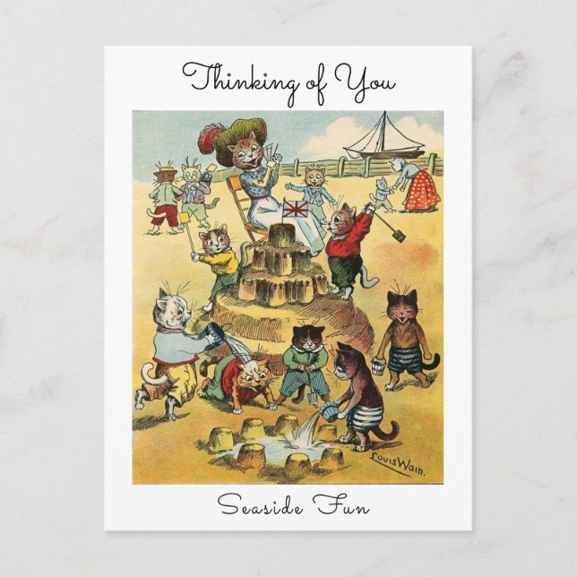 Seaside Fun Victorian Cat Mischief Thinking of You Postkarte (Vorderseite)