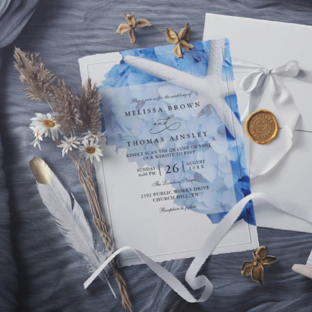 Seaside Garden Starfish Hydrangea QR Code Wedding Einladung (Von Creator hochgeladen)