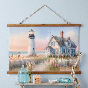 Seaside Lighthouse & Hütte Aquarell Wandteppich Mit Holzrahmen