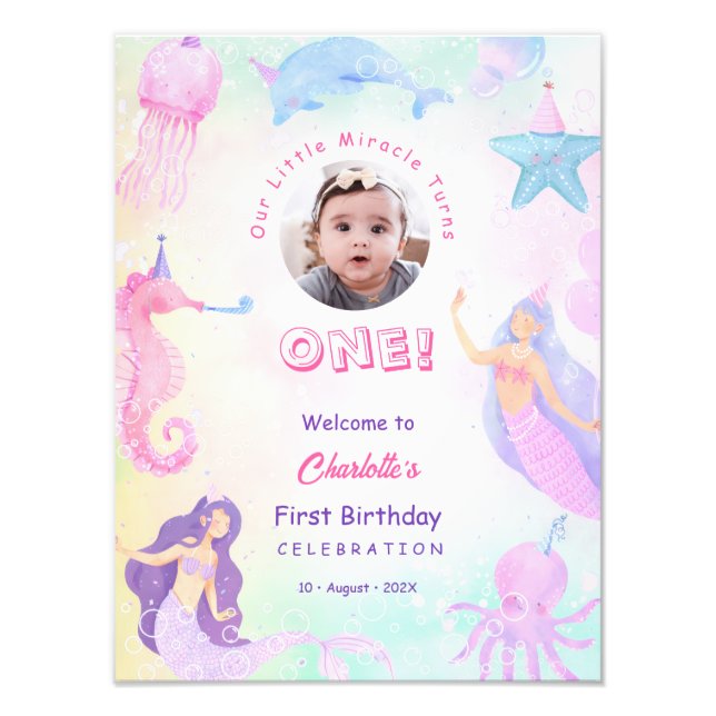 Seaside Mermaid Girl First Birthday Welcome Sign Fotodruck (Vorne)