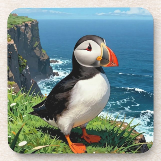 Seaside Puffin Illustration   Getränkeuntersetzer (Vorderseite)