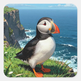 Seaside Puffin Illustration   Quadratischer Aufkleber