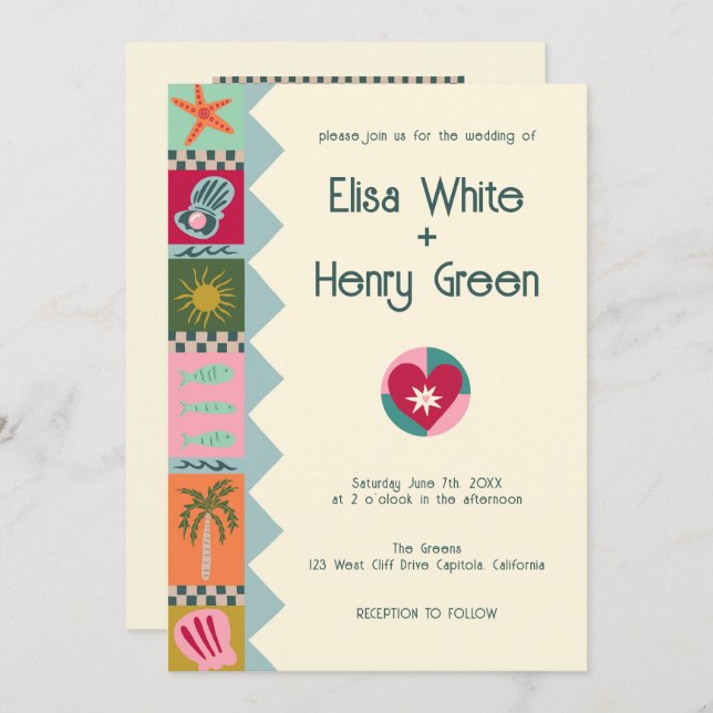 Seaside Soiree Moderne Niedliche CUSTOM QR Wedding Einladung (Vorne/Hinten)