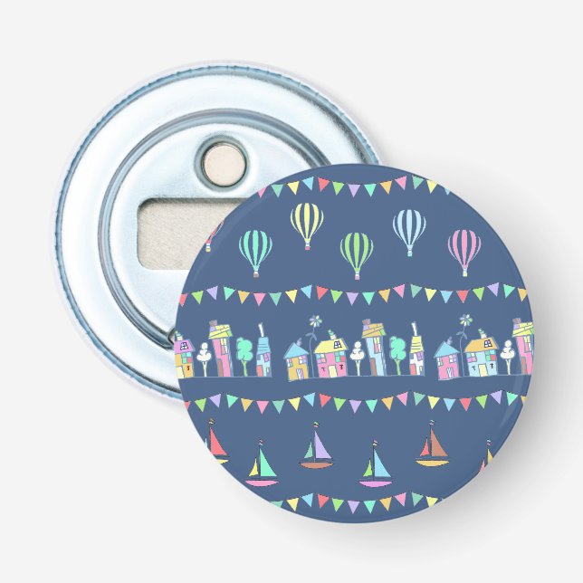 Seaside Town Sail Boats and Bunting Pattern Blue Flaschenöffner (Vorderseite)