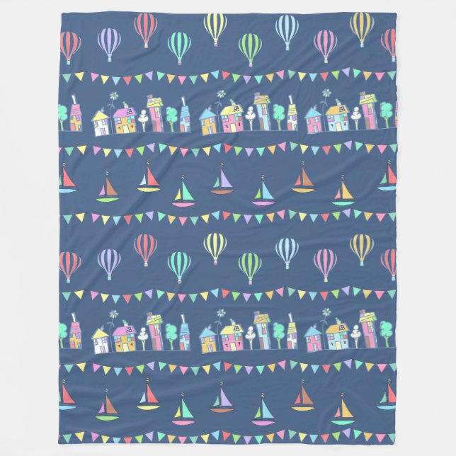 Seaside Town Sail Boats and Bunting Pattern Blue Fleecedecke (Vorderseite)
