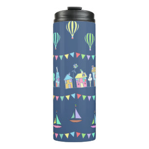 Seaside Town Sail Boats and Bunting Pattern Blue Thermosbecher