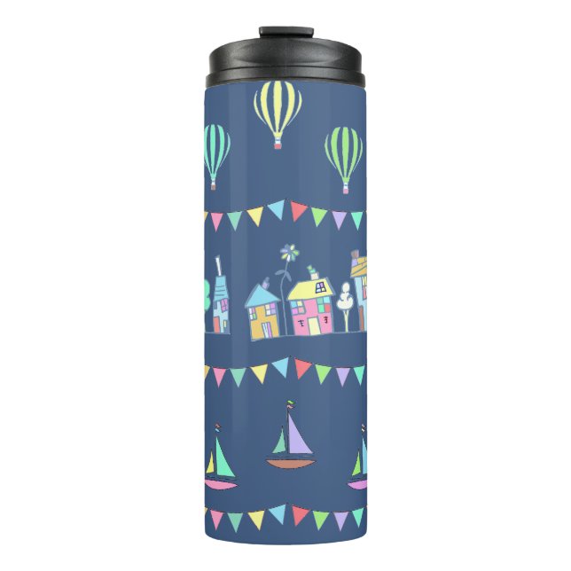 Seaside Town Sail Boats and Bunting Pattern Blue Thermosbecher (Vorderseite)