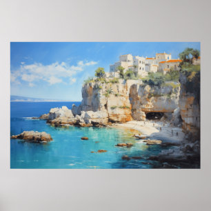 Seaside Village on Cliffs Oil Painting Poster