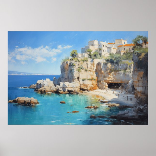 Seaside Village on Cliffs Oil Painting Poster (Vorne)