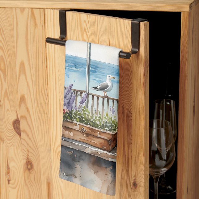 Seaside Window View Watercolor Coastal Scene Geschirrtuch (Drittel gefaltet)