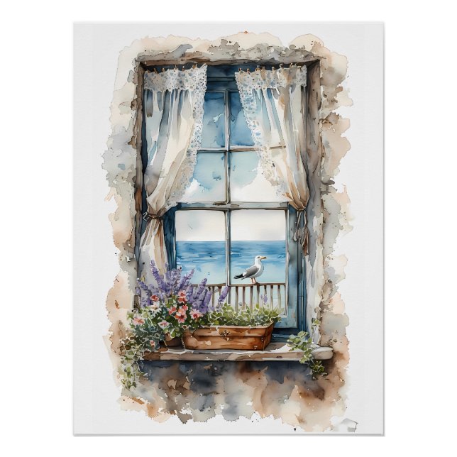 Seaside Window View Watercolor Coastal Scene Poster (Vorderseite)