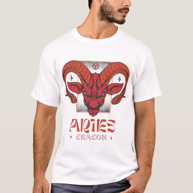 Seasonal Aries Ram Head in Red Line Art T-Shirt (Vorderseite)