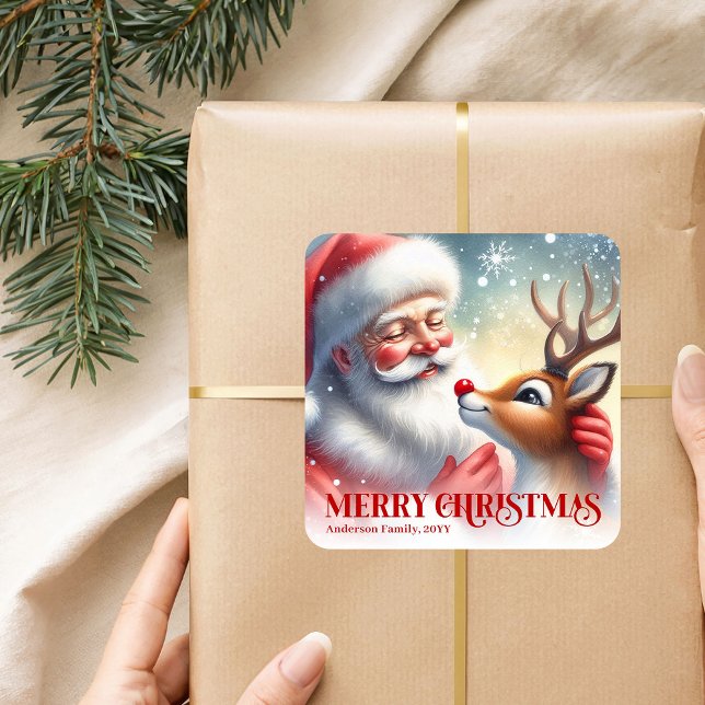 Seasonal Personalized Santa Rudolph Christmas Kids Quadratischer Aufkleber (Seasonal Personalized Santa Rudolph Christmas Sticker)