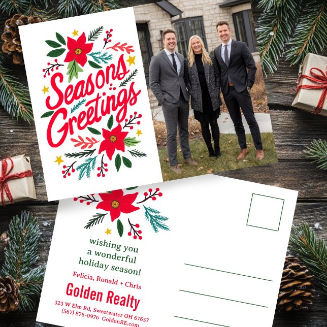SEASONS GREETINGS Business Christmas CUSTOM PHOTO Postkarte (SEASONS GREETINGS Business Christmas Hand-drawn Floral CUSTOM PHOTO Postcard
)