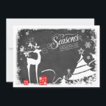 Season's Greetings Holiday Card | Falscher Chalkbo Feiertagskarte<br><div class="desc">This inexpensive and festive black and white fake chalkboard "Season's Greetings" Christmas or Holiday card has a maler deer with antlers adorned with holly and berries, red and whts with ribbons, snowflakes, stars and a variety of Christmas trees on a chalkboard background with Snowy Border, wir gehen. This would be...</div>