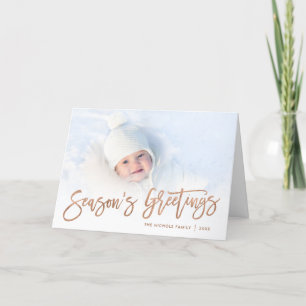 Season's Greetings Rose Gold Script Photo Overlay Feiertagskarte