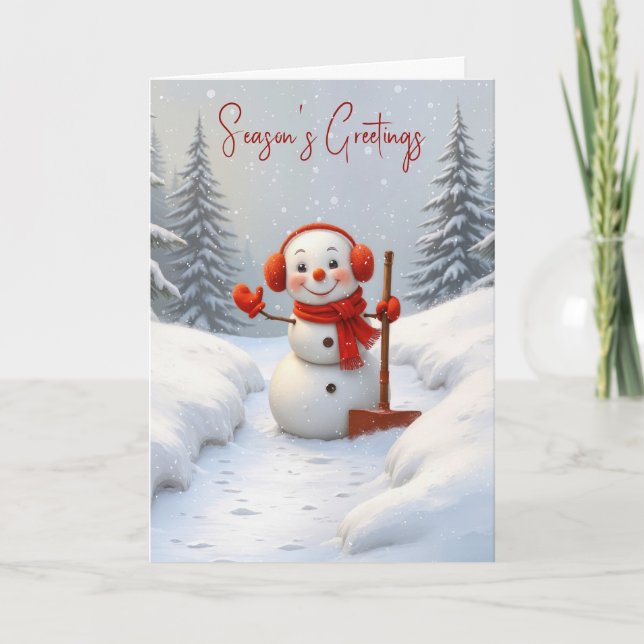 Season's Greetings Snowman with a Red Shovel Karte (Vorderseite)