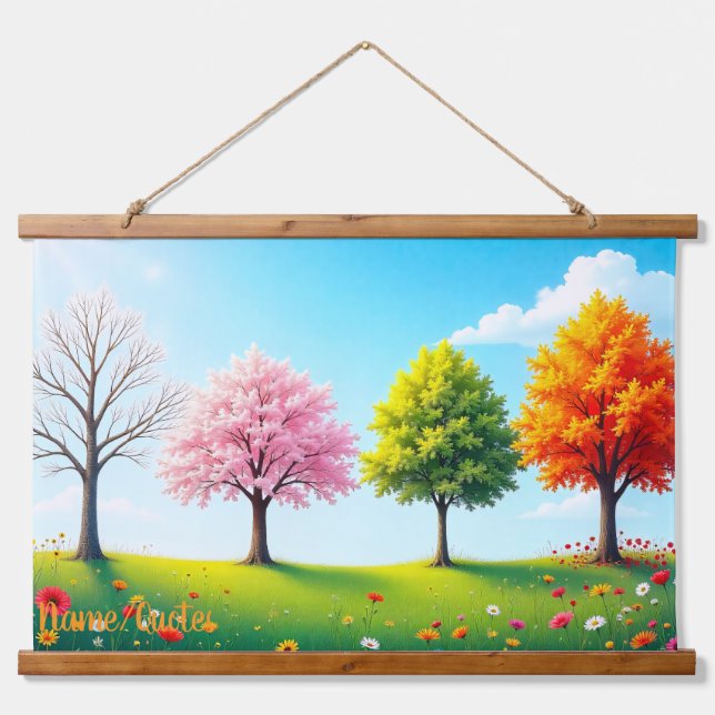 Seasons in Harmony – Four Trees Through the Year Wandteppich Mit Holzrahmen (Vorne)