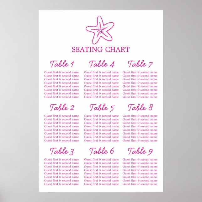 Seastar Seesterne Hochzeitstich Tischplaner 1-9 Poster (Vorne)