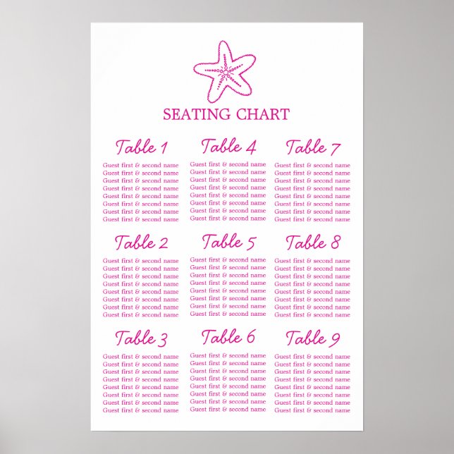 Seastar Seesterne Hochzeitstich Tischplaner 1-9 Poster (Vorne)