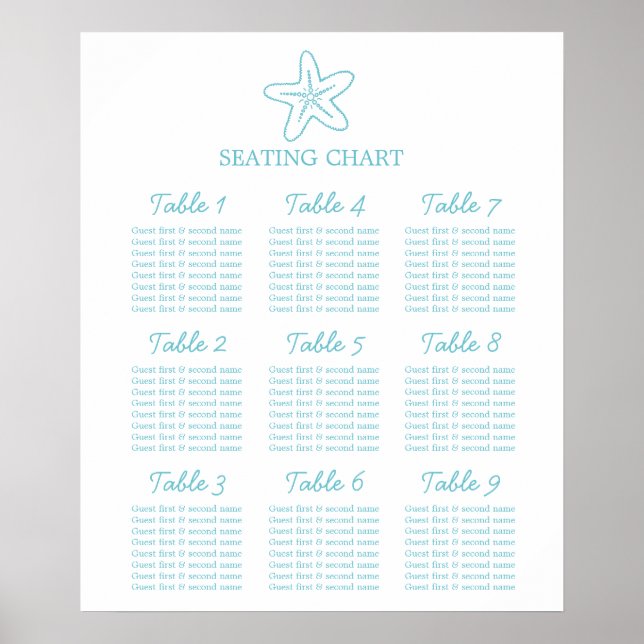 Seastar Seesterne Hochzeitstich Tischplaner 1-9 Poster (Vorne)