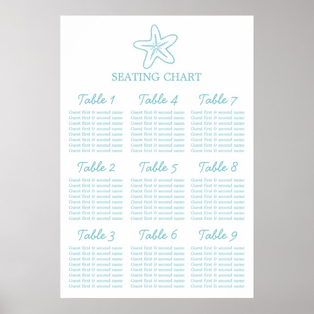 Seastar Seesterne Hochzeitstich Tischplaner 1-9 Poster (Vorne)