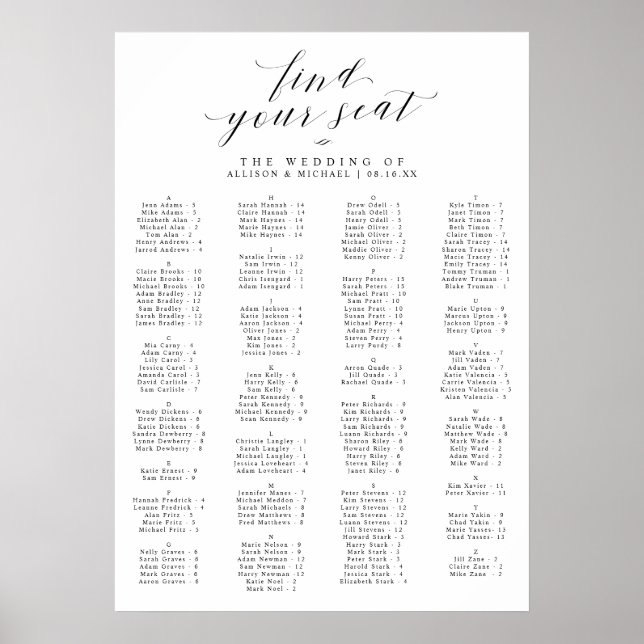 Seat Alphabetical Wedding Chart Poster (Vorne)