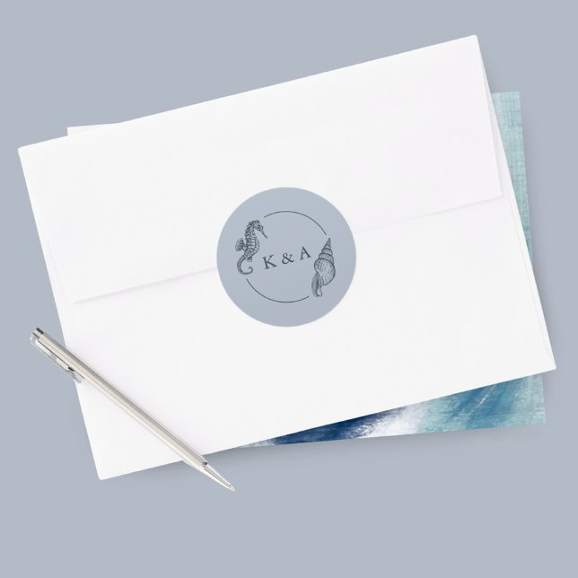 SEATERNAL Seepferd & Sea Muschel Wedding Monogram Runder Aufkleber (Von Creator hochgeladen)